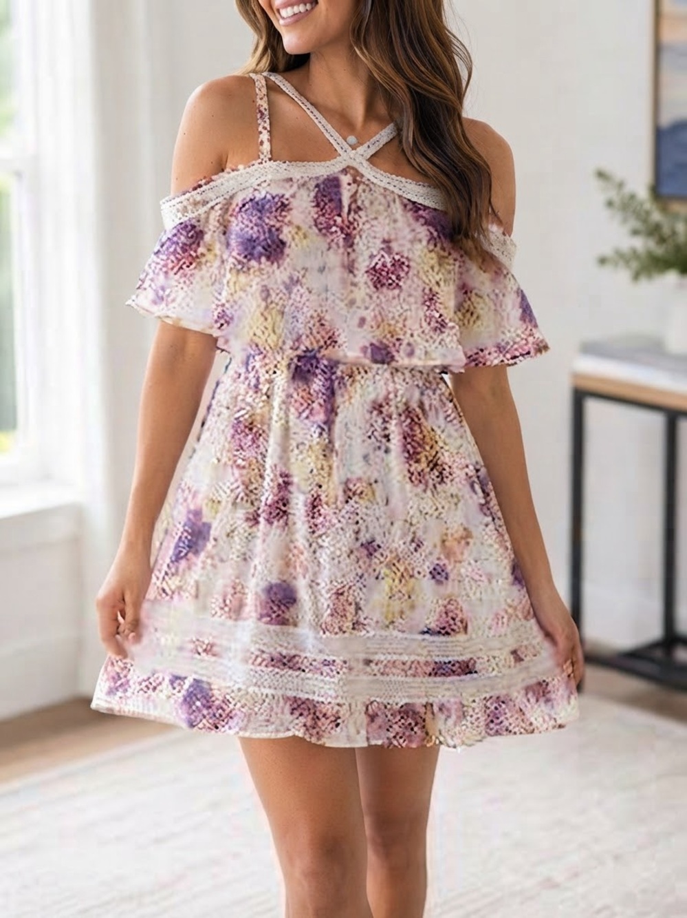 Guess| White Lace Off-Shoulder Chiffon Floral Mini Dress in Purple & Cream Sz 2